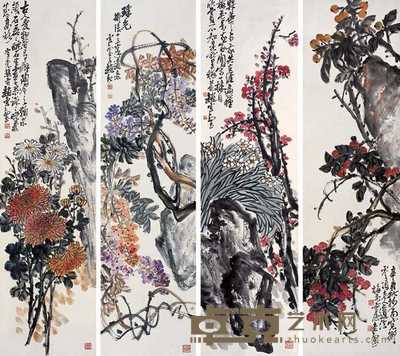 赵云壑 花卉 四屏 140×38cm×4